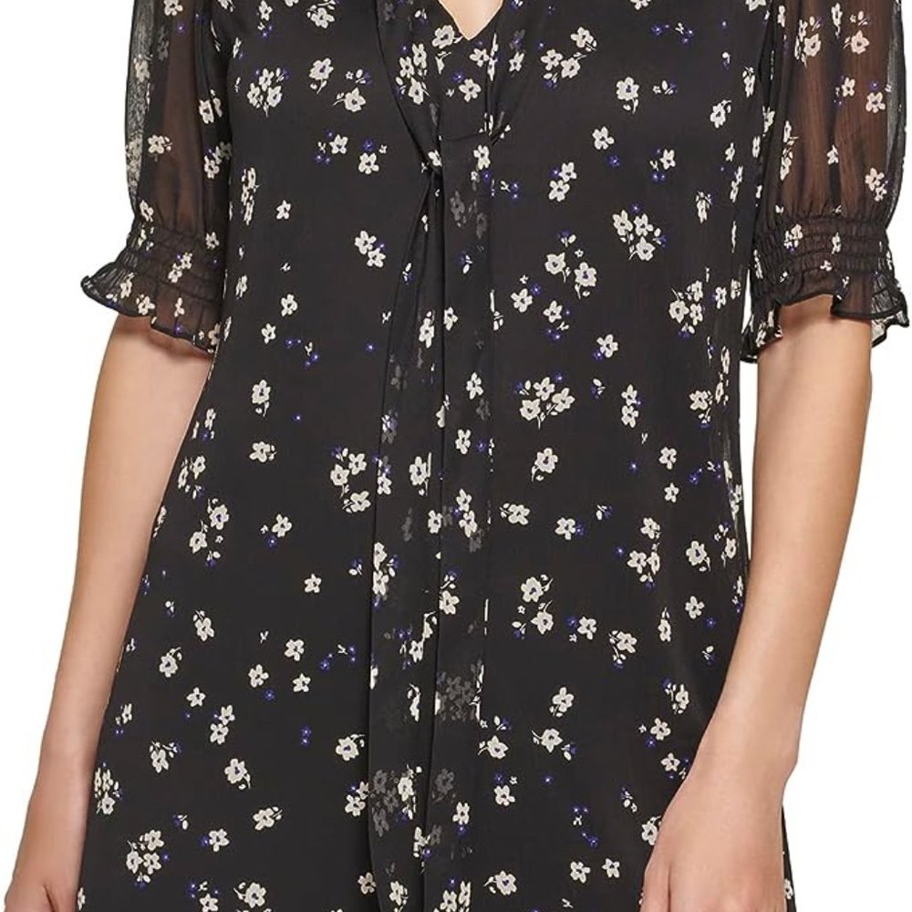 DKNY Women's Fit and Flare Short Sleeve Tie Neck Dress
